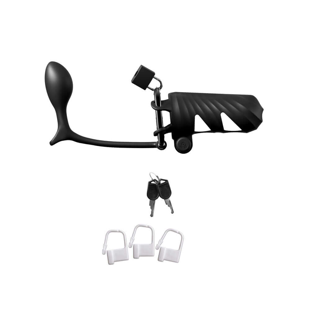 Fantasy C-Ringz Remote-Controlled Vibrating Cock Blocker with Ass-Gasm Plug - Black Vibrating Cock Cage with Anal Plug