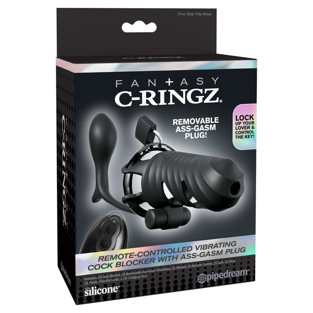 Fantasy C-Ringz Remote-Controlled Vibrating Cock Blocker with Ass-Gasm Plug - Black Vibrating Cock Cage with Anal Plug