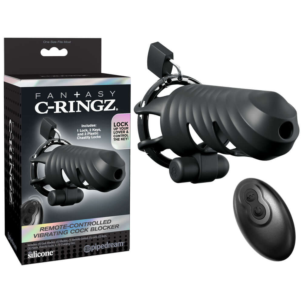 Fantasy C-Ringz Remote-Controlled Vibrating Cock Blocker - Black Vibrating Cock Cage
