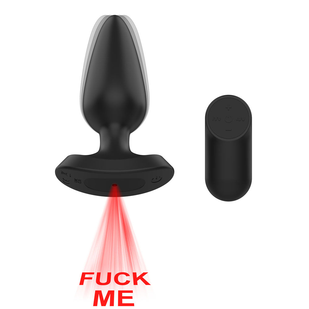 Passion Play Fuck ME Vibrating Anal Plug - Black 13.5 cm USB Rechargeable Vibrating Anal Plug with Laser Fuck Me Light