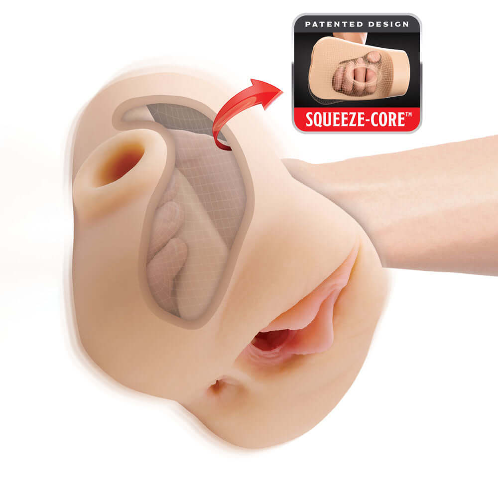 PDX Plus Double Pounder Vibrating Squeeze Stroker - Flesh - Flesh USB Rechargeable Vibrating Vagina Stroker