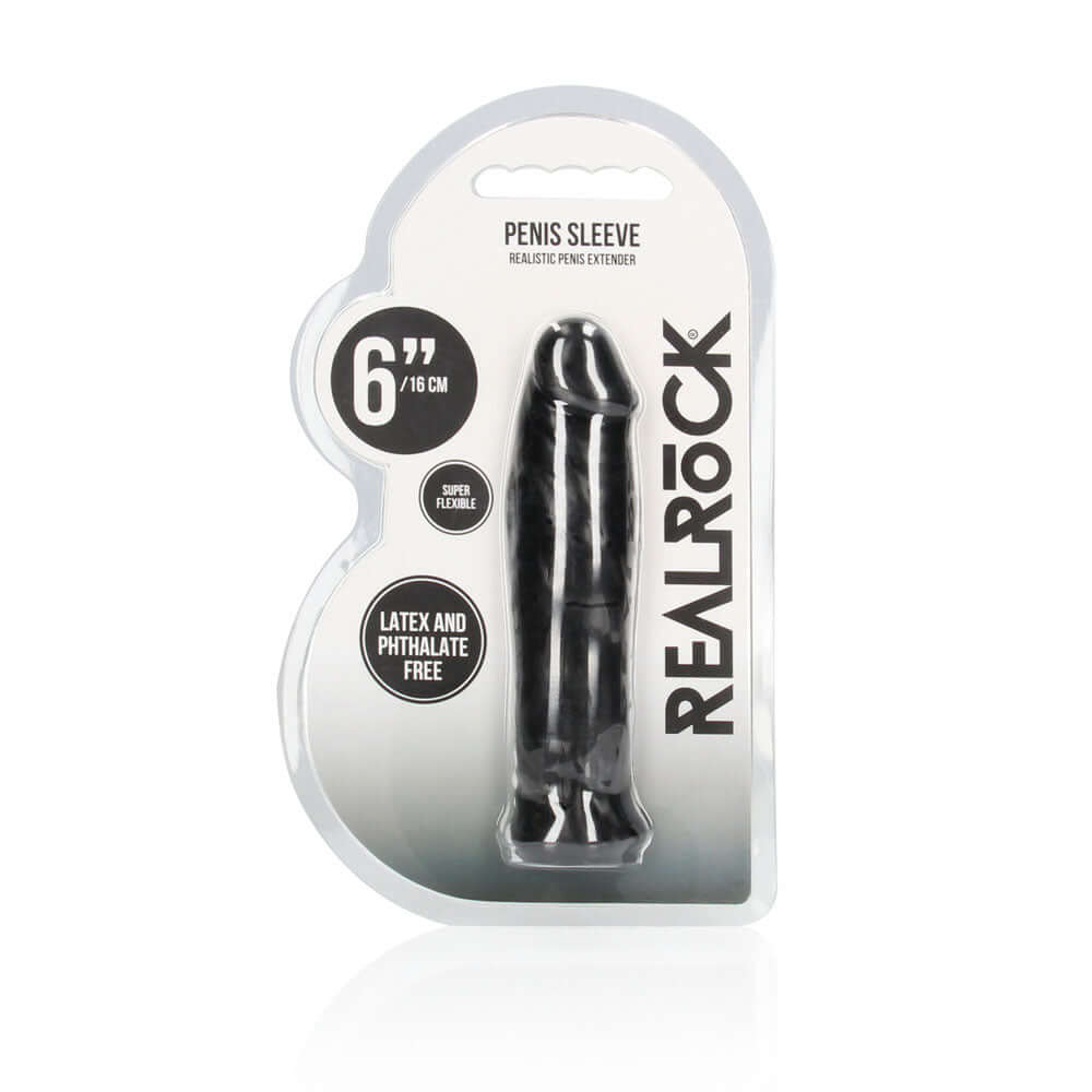 REALROCK 6'' Realistic Penis Sleeve - Black - Black 15.2 cm Penis Extension Sleeve