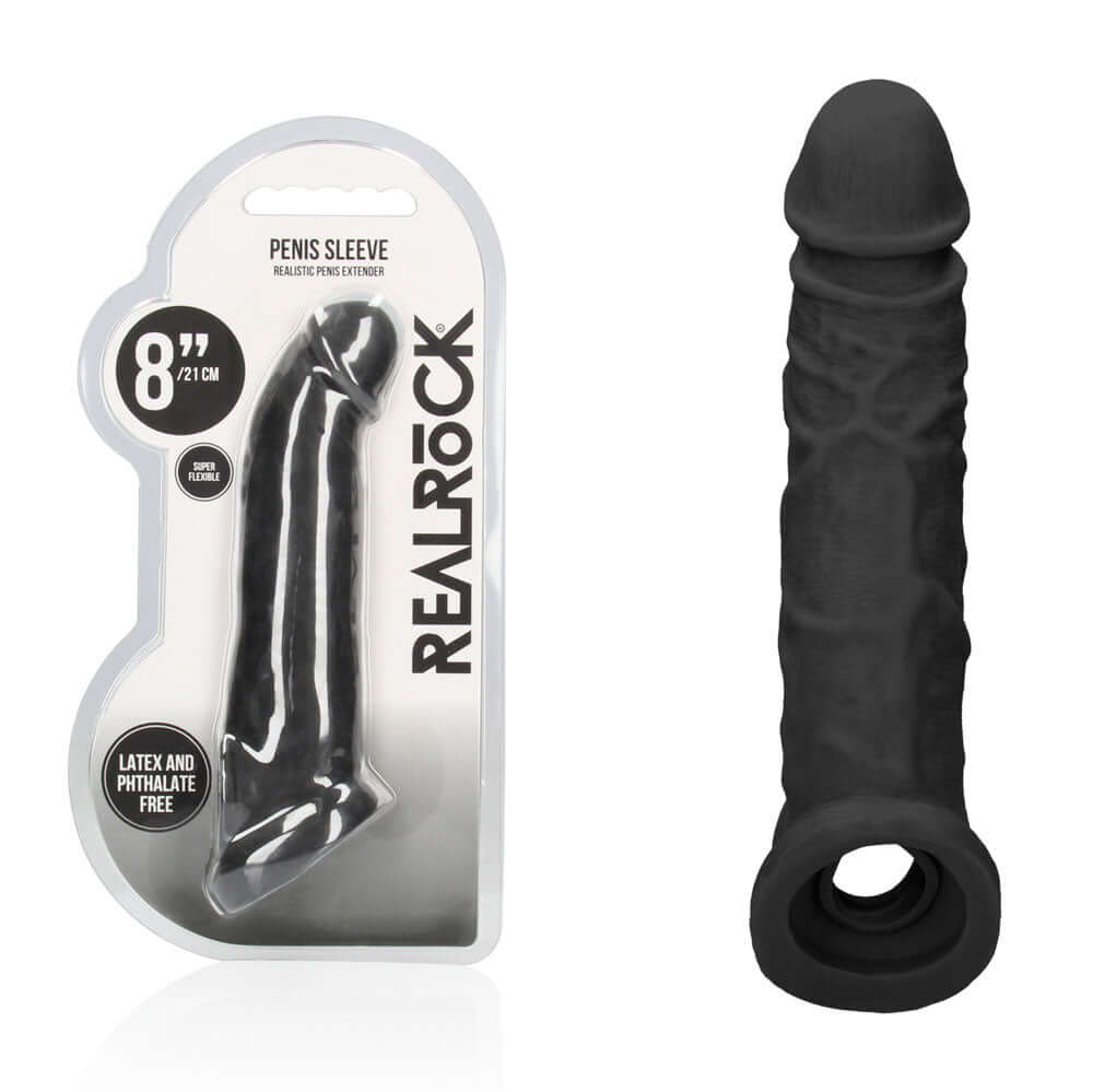 REALROCK 8'' Realistic Penis Extender with Rings - Black - Black 20.3 cm Penis Extension Sleeve