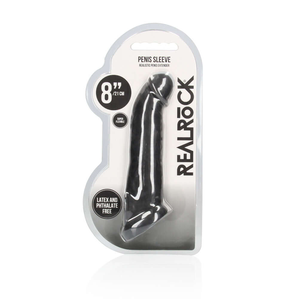 REALROCK 8'' Realistic Penis Extender with Rings - Black - Black 20.3 cm Penis Extension Sleeve