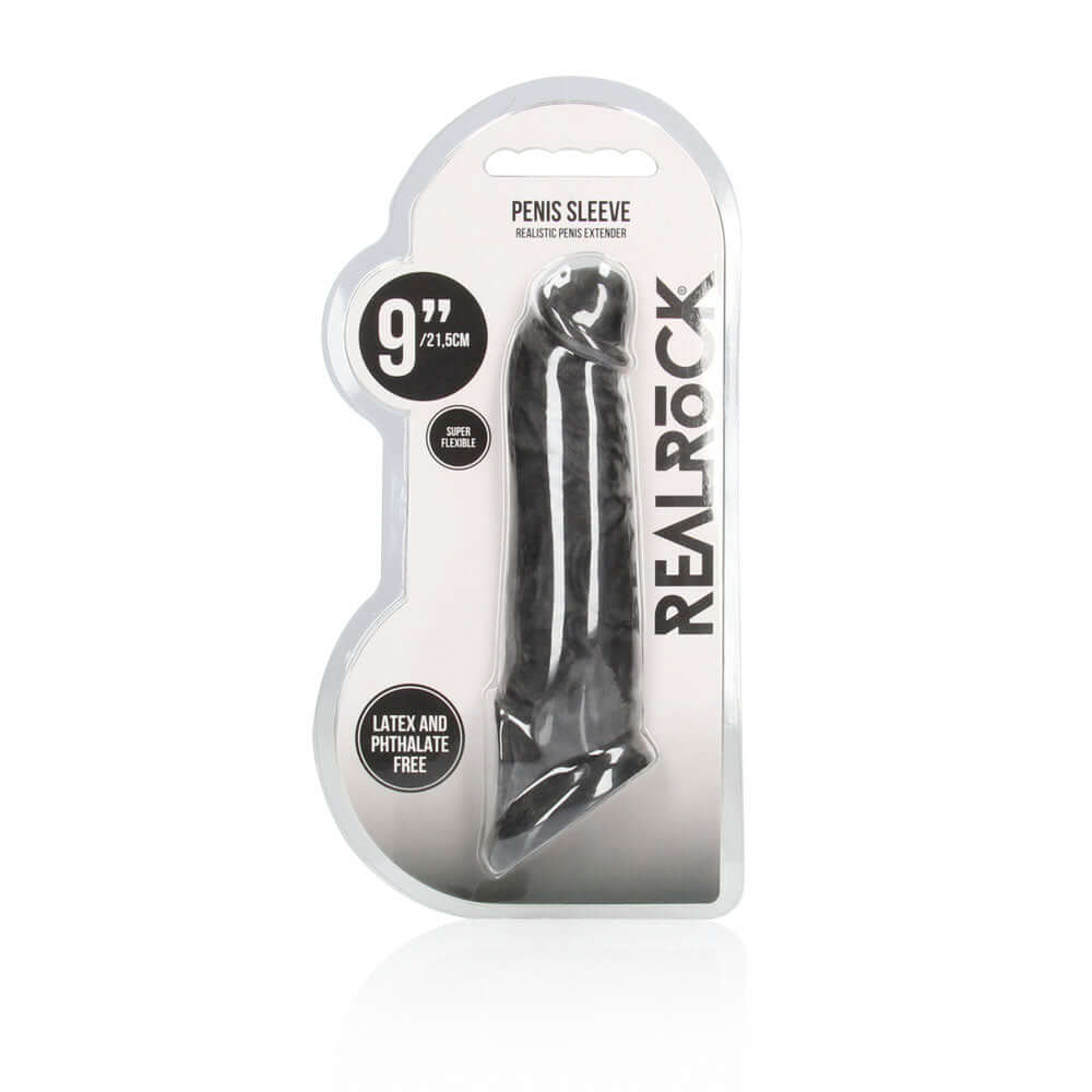 REALROCK 9'' Realistic Penis Extender with Rings - Black - Black 22.9 cm Penis Extension Sleeve