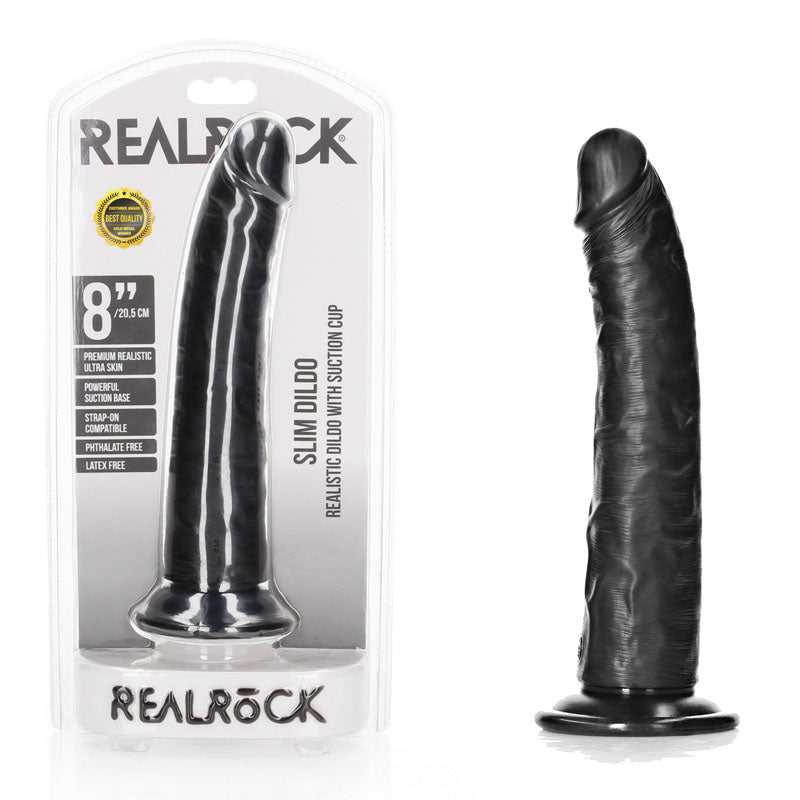 REALROCK Realistic Slim Dildo with Suction Cup Black 20.5 cm (8'') Dong