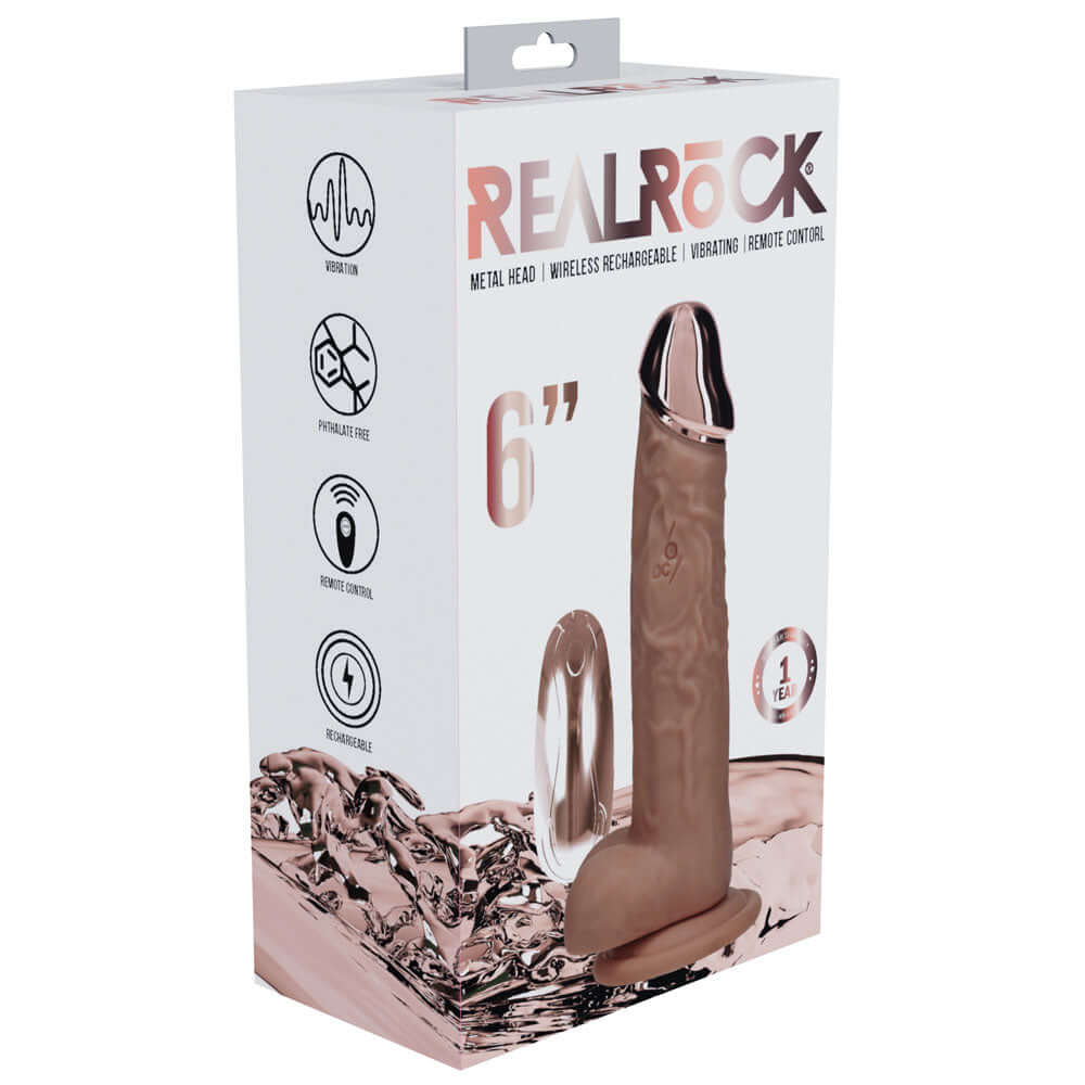 REALROCK Metal Head 6'' Rechargeable Dildo - Tan - Tan 16.2 cm USB Rechargeable Vibrating Dildo with Metal Head and Wireless Remote