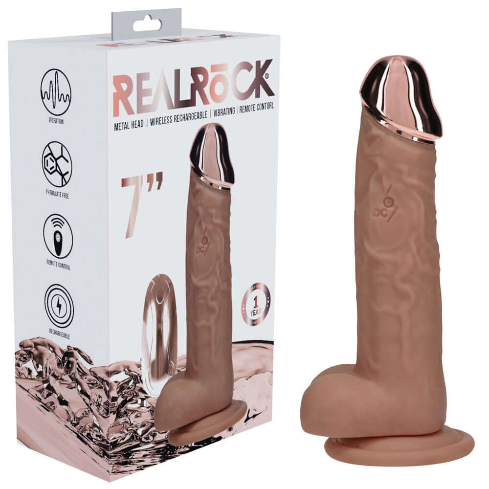 REALROCK Metal Head 7'' Rechargeable Dildo - Tan - Tan 19 cm USB Rechargeable Vibrating Dildo with Metal Head and Wireless Remote
