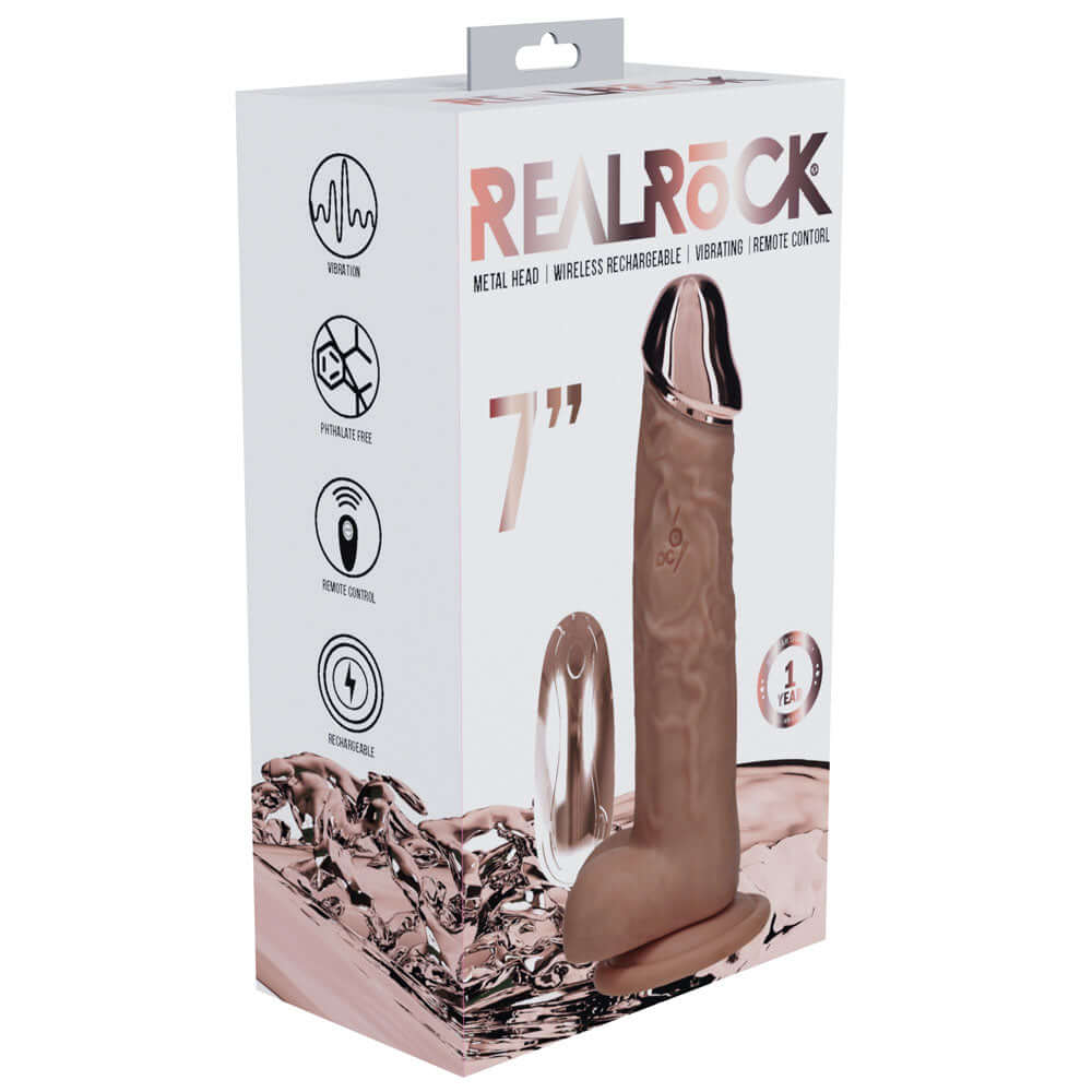 REALROCK Metal Head 7'' Rechargeable Dildo - Tan - Tan 19 cm USB Rechargeable Vibrating Dildo with Metal Head and Wireless Remote