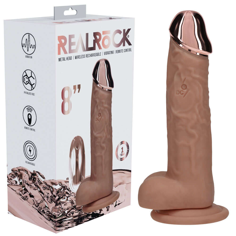 REALROCK Metal Head 8'' Rechargeable Dildo - Tan - Tan 22 cm USB Rechargeable Vibrating Dildo with Metal Head and Wireless Remote