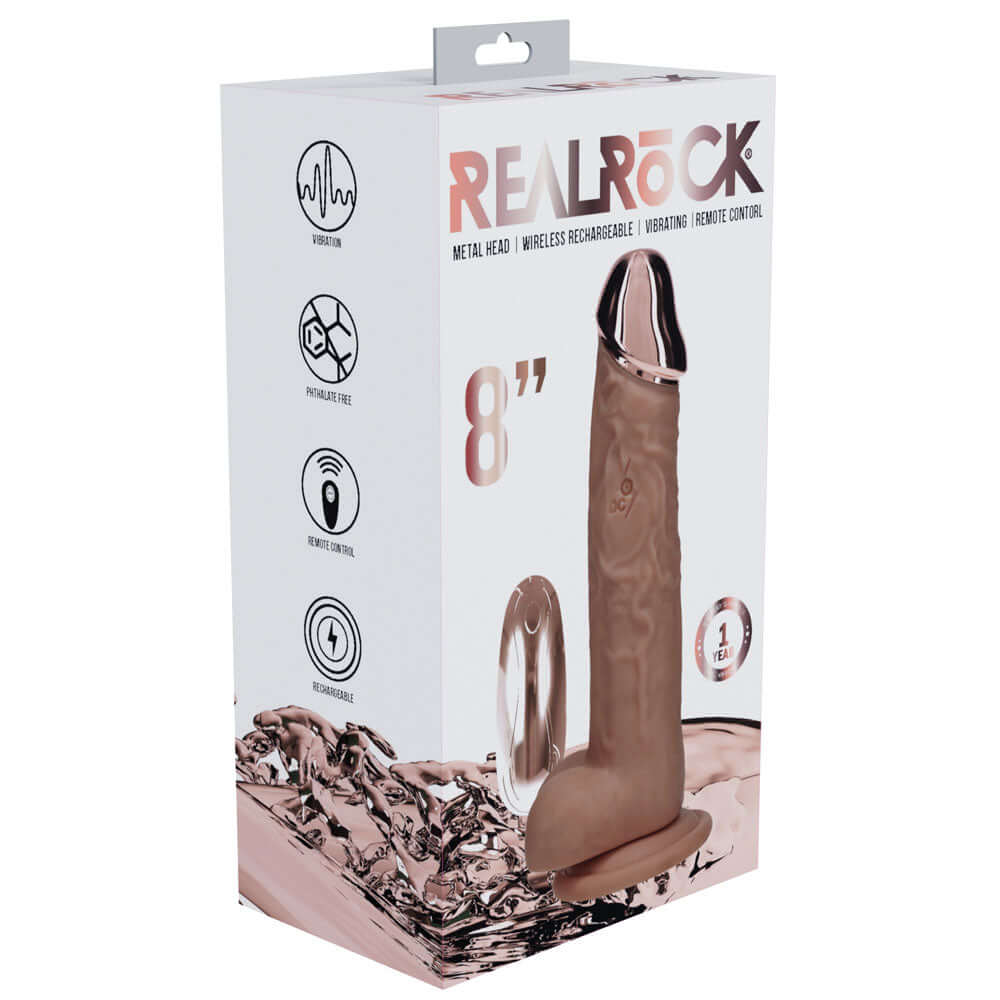 REALROCK Metal Head 8'' Rechargeable Dildo - Tan - Tan 22 cm USB Rechargeable Vibrating Dildo with Metal Head and Wireless Remote