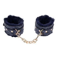 Sex & Mischief Cougar Fur Handcuffs - Navy Blue/Gold Furry Restraints