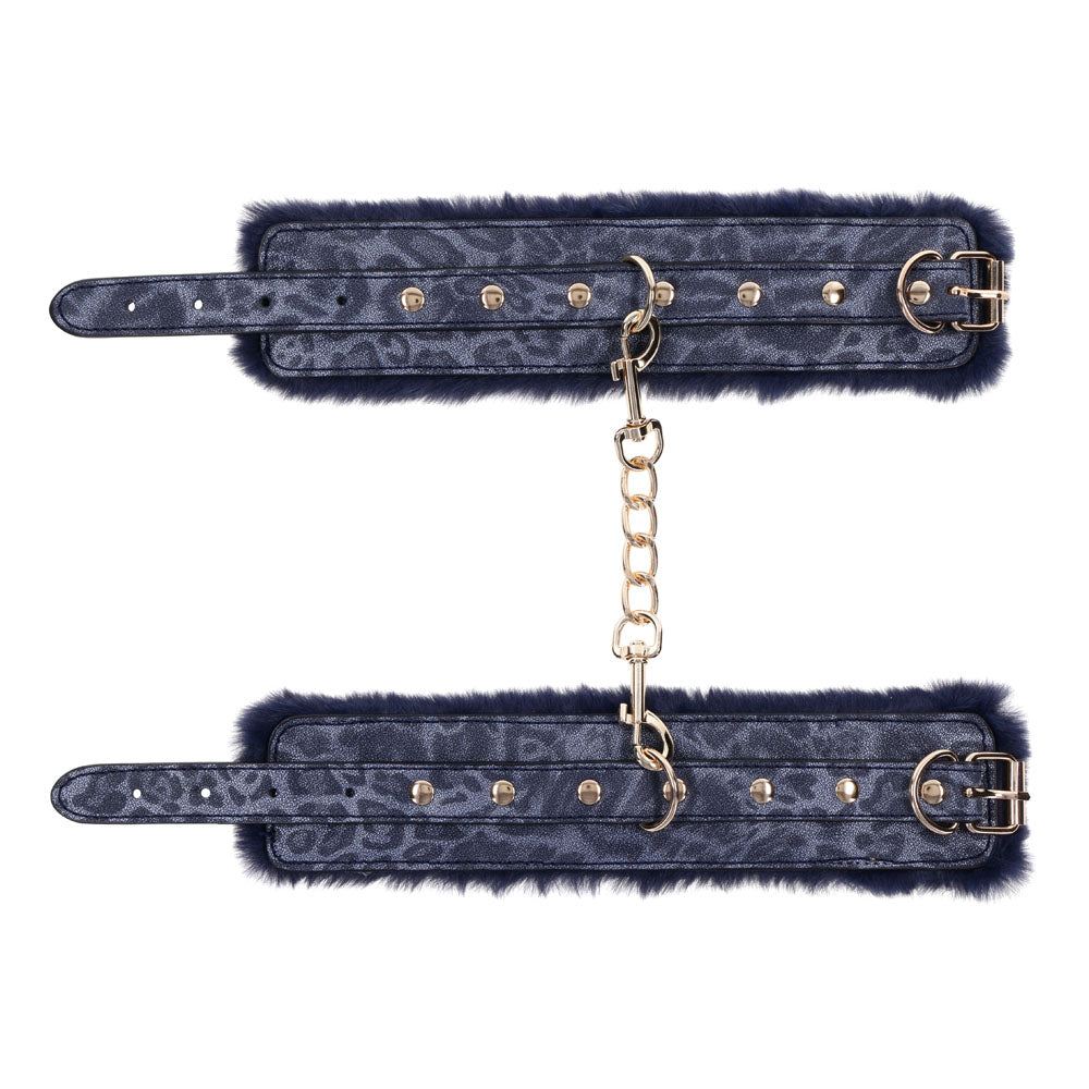 Sex & Mischief Cougar Fur Handcuffs - Navy Blue/Gold Furry Restraints