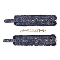 Sex & Mischief Cougar Fur Handcuffs - Navy Blue/Gold Furry Restraints