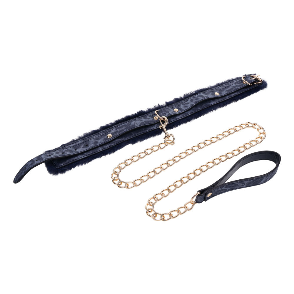 Sex & Mischief Cougar Fur Collar & Leash - Navy Blue/Gold Furry Restraint