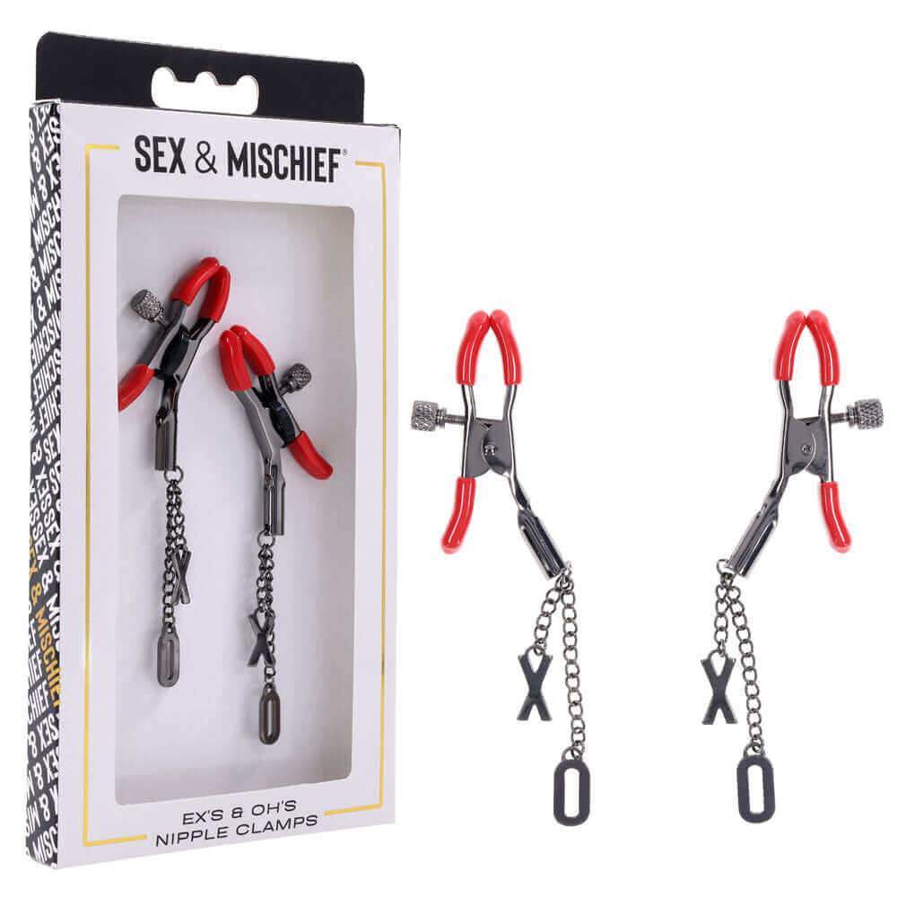 S&M Exs & Ohs Nipple Clamps - Red Tipped Metal Nipple Clamps - Set of 2