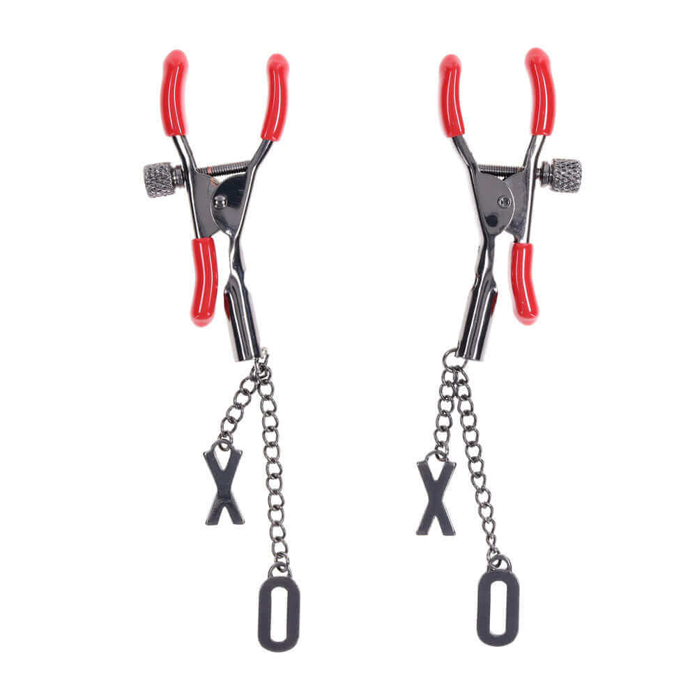 S&M Exs & Ohs Nipple Clamps - Red Tipped Metal Nipple Clamps - Set of 2