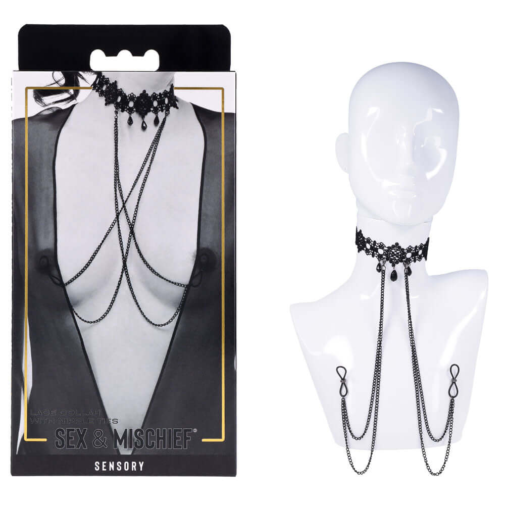 Sex & Mischief Lace Collar with Nipple Ties - Black Neck and Nipple Restraints