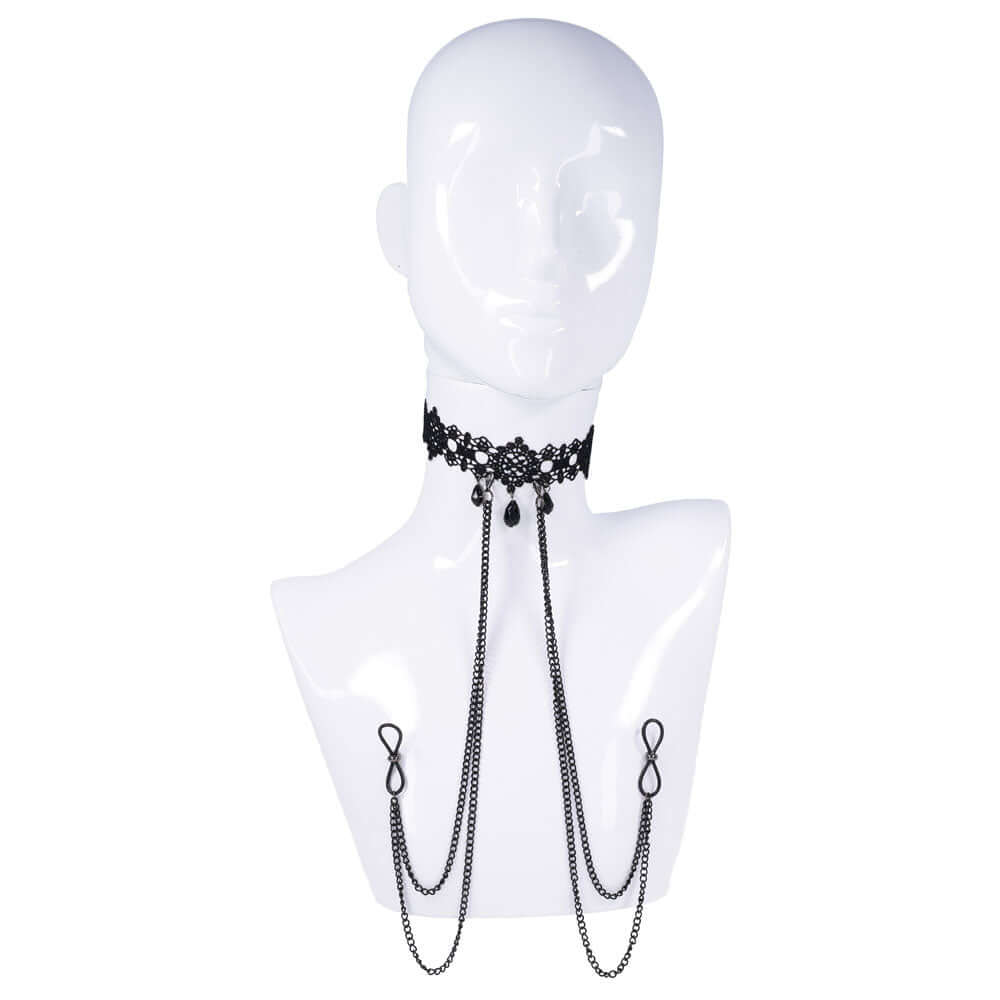 Sex & Mischief Lace Collar with Nipple Ties - Black Neck and Nipple Restraints
