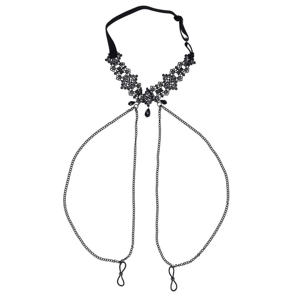 Sex & Mischief Lace Collar with Nipple Ties - Black Neck and Nipple Restraints