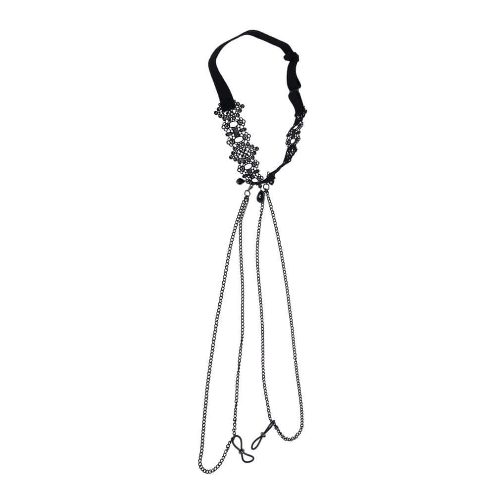 Sex & Mischief Lace Collar with Nipple Ties - Black Neck and Nipple Restraints