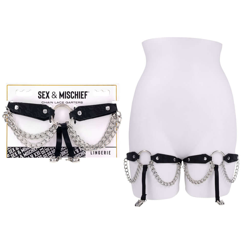 Sex & Mischief Chain Lace Garters - Black/Metal Garters
