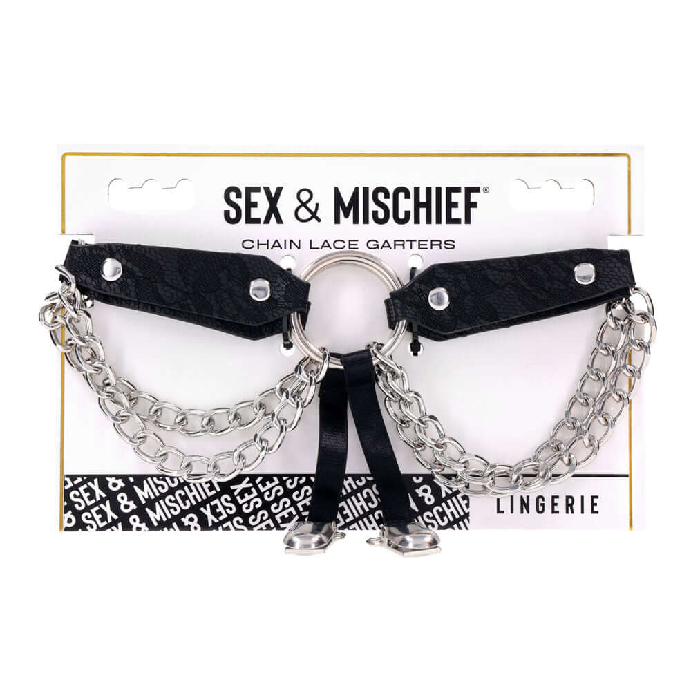 Sex & Mischief Chain Lace Garters - Black/Metal Garters