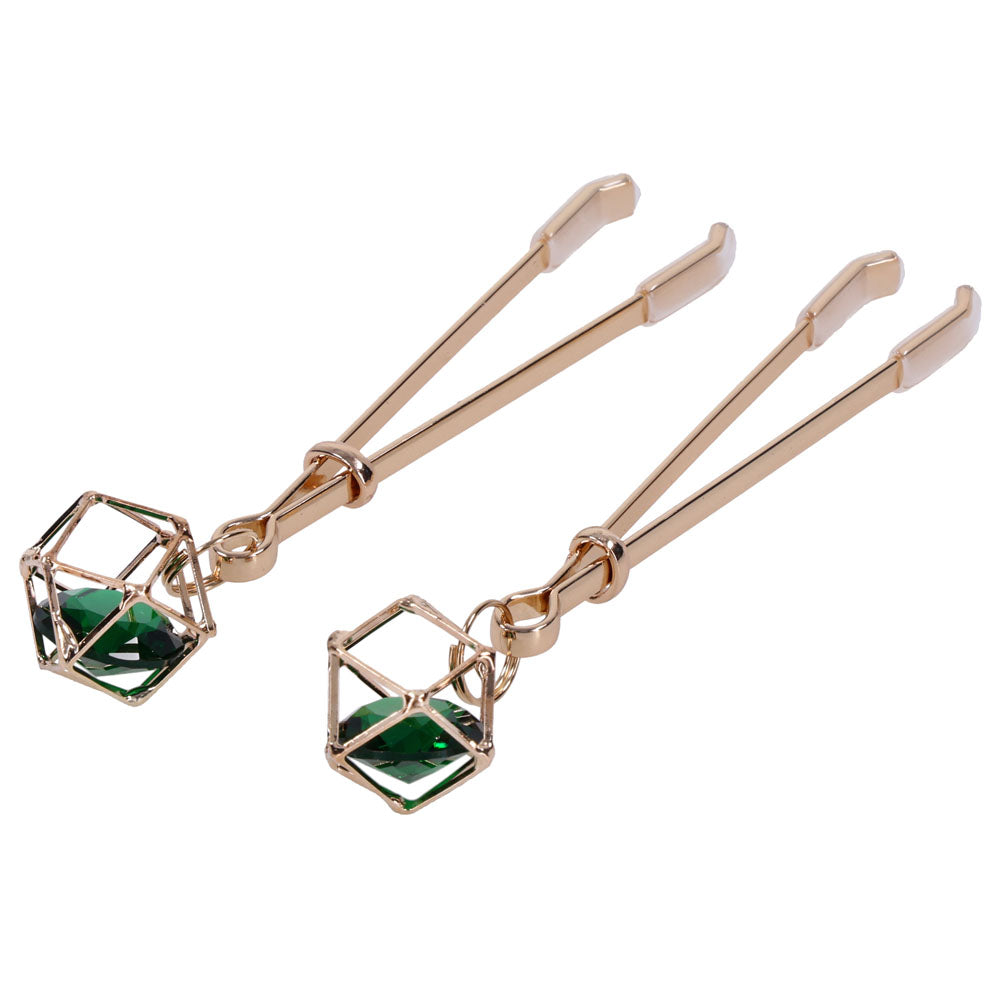 Sex & Mischief Indica Crystal Nipple Clips - Gold Nipple Clips with Emerald Gems