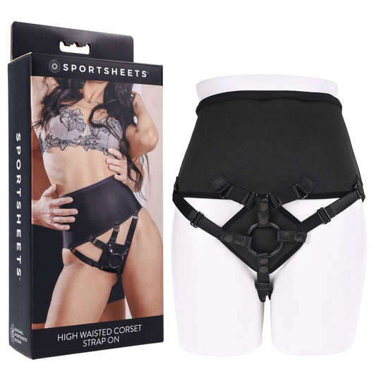 SPORTSHEETS High Waisted Corset Strap On Black Adjustable (No Probe Included)