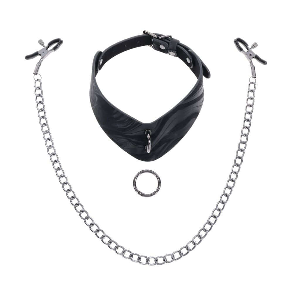 SPORTSHEETS Velvet Noir Collar & Removable Clamps - Black Neck & Nipple Restraints