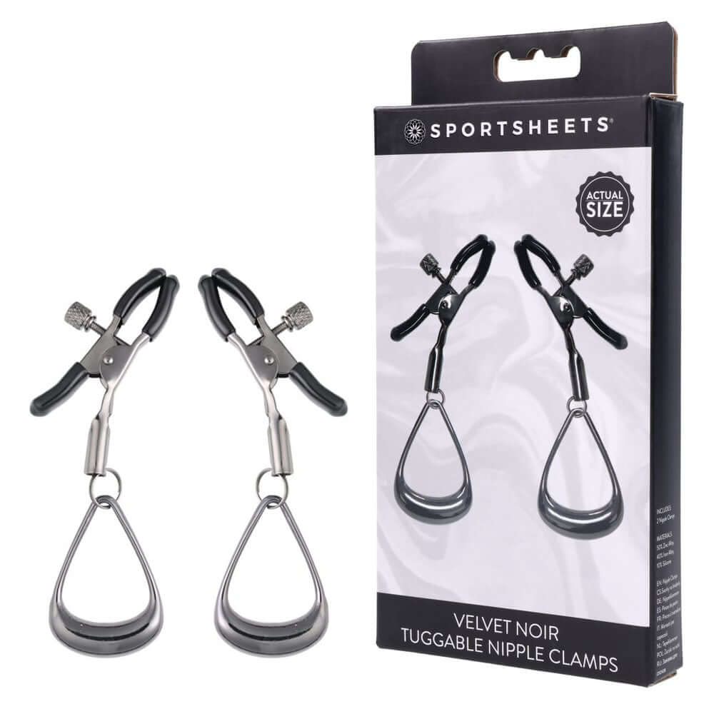 SPORTSHEETS Velvet Noir Tuggable Nipple Clamps - Gunmetal Adjustable Nipple Restraints