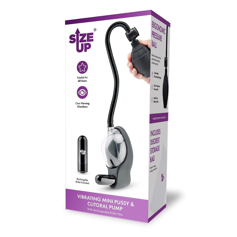 Size Up Vibrating Mini Pussy & Clitoral Pump - Clear USB Rechargeable Vibrating Vaginal and Clitoral Pump