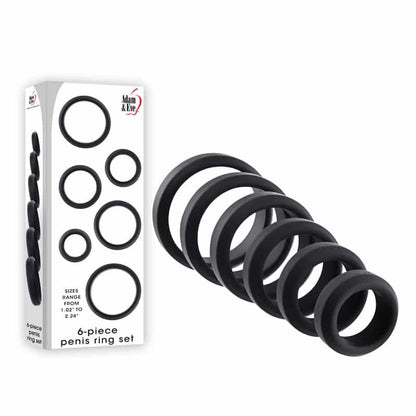 Adam & Eve 6 - PIECE PENIS RING SET - Black Cock Rings - Set of 6 Sizes