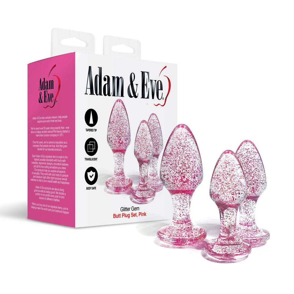 Adam & Eve Glitter Gem 3-Piece Butt Plug Set - Glitter Pink Butt Plugs - Set of 3 Sizes