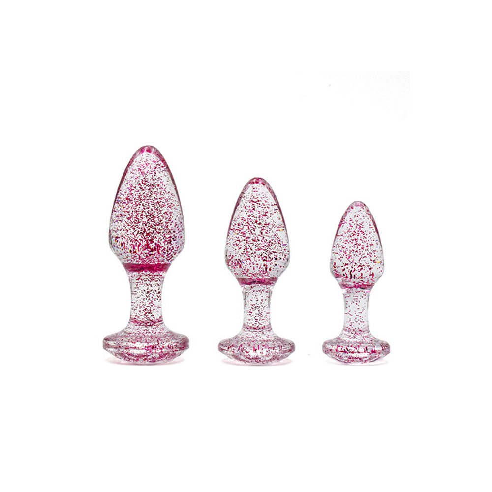Adam & Eve Glitter Gem 3-Piece Butt Plug Set - Glitter Pink Butt Plugs - Set of 3 Sizes