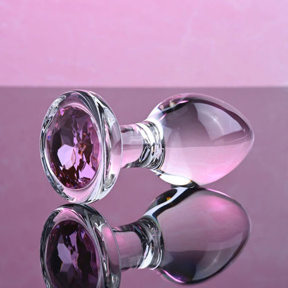 Adam & Eve PINK GEM GLASS PLUG MEDIUM - Clear Glass 8.7 cm Butt Plug with Pink Gem Base