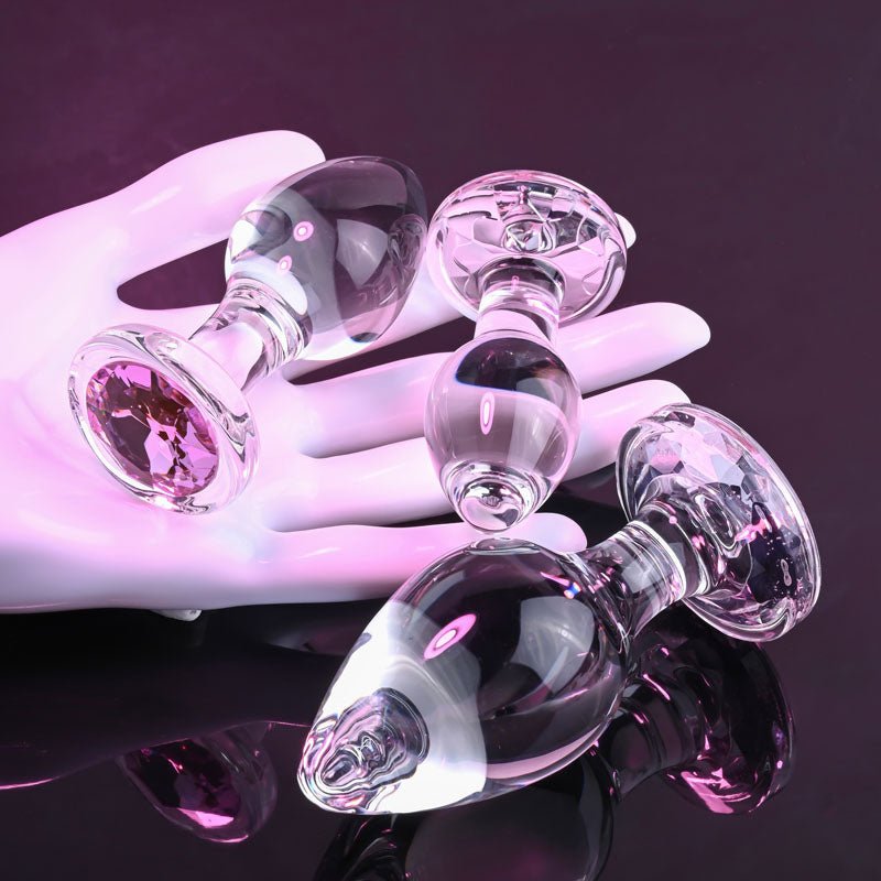 Adam & Eve PINK GEM GLASS PLUG SET - Clear Glass Butt Plugs - Set of 3 Sizes