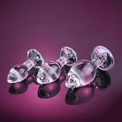 Adam & Eve PINK GEM GLASS PLUG SET - Clear Glass Butt Plugs - Set of 3 Sizes