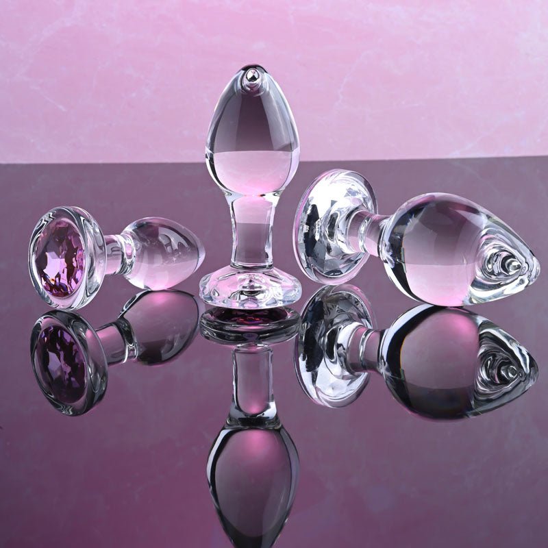 Adam & Eve PINK GEM GLASS PLUG SET - Clear Glass Butt Plugs - Set of 3 Sizes