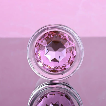 Adam & Eve PINK GEM GLASS PLUG SMALL - Clear Glass 7.4 cm Butt Plug with Pink Gem Base