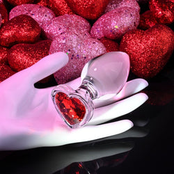 Adam & Eve RED HEART GEM GLASS PLUG LARGE - Clear Glass 9.5 cm Butt Plug with Red Heart Gem Base