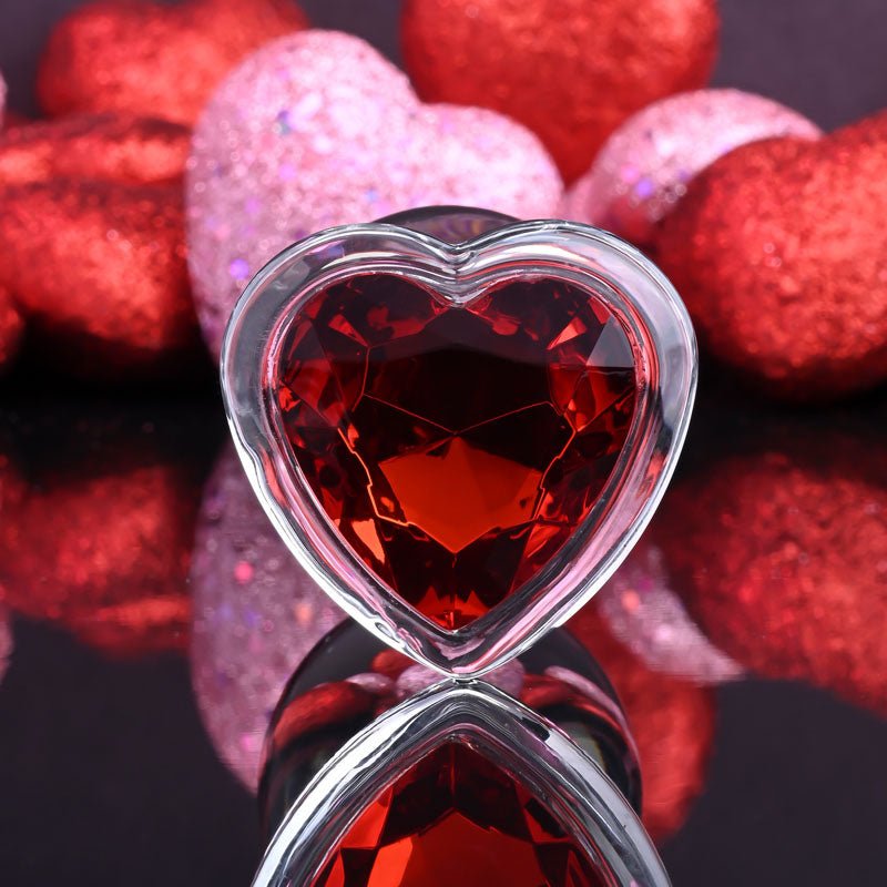 Adam & Eve RED HEART GEM GLASS PLUG LARGE - Clear Glass 9.5 cm Butt Plug with Red Heart Gem Base