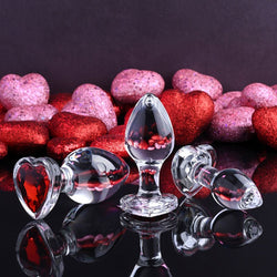 Adam & Eve RED HEART GEM GLASS PLUG SET - Clear Glass Butt Plugs - Set of 3 Sizes