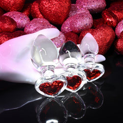 Adam & Eve RED HEART GEM GLASS PLUG SET - Clear Glass Butt Plugs - Set of 3 Sizes