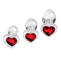 Adam & Eve RED HEART GEM GLASS PLUG SET - Clear Glass Butt Plugs - Set of 3 Sizes