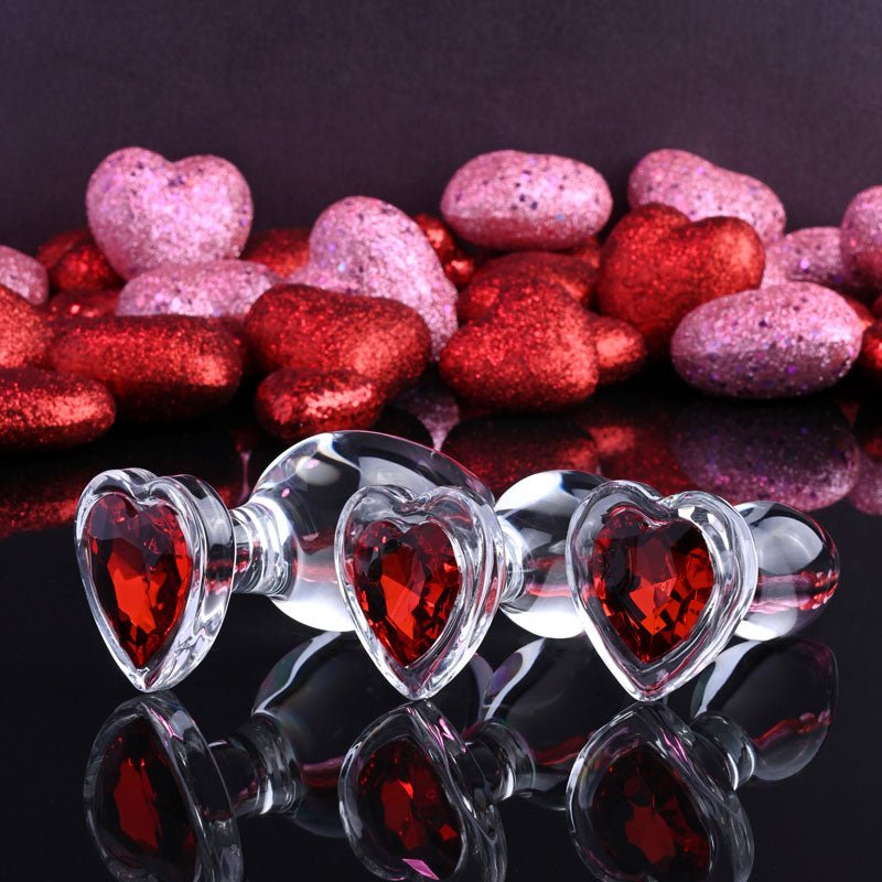 Adam & Eve RED HEART GEM GLASS PLUG SET - Clear Glass Butt Plugs - Set of 3 Sizes
