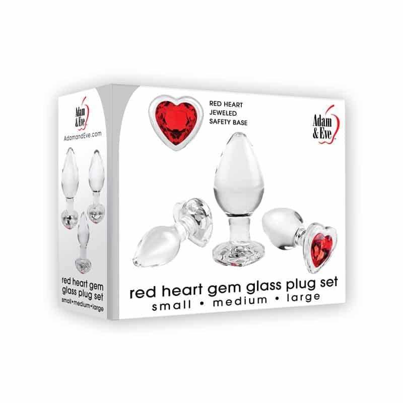 Adam & Eve RED HEART GEM GLASS PLUG SET - Clear Glass Butt Plugs - Set of 3 Sizes