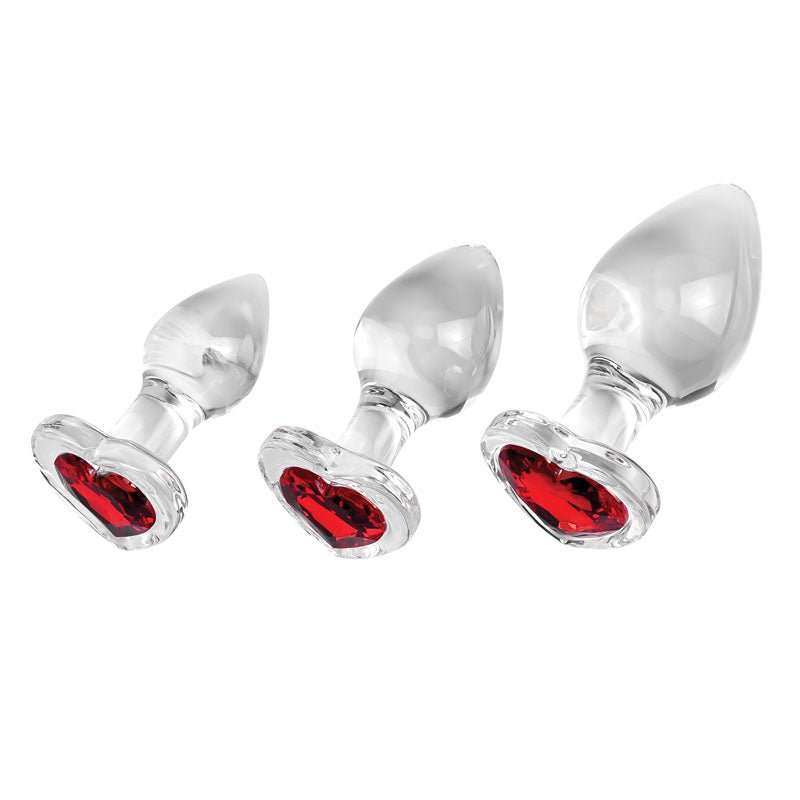 Adam & Eve RED HEART GEM GLASS PLUG SET - Clear Glass Butt Plugs - Set of 3 Sizes