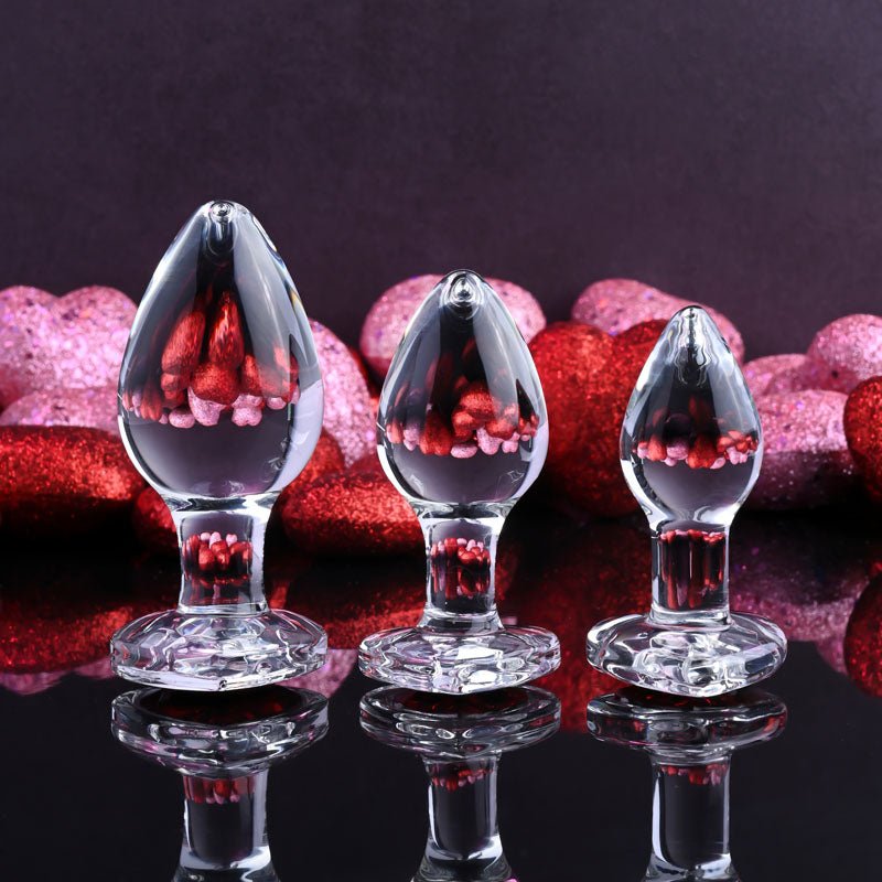 Adam & Eve RED HEART GEM GLASS PLUG SET - Clear Glass Butt Plugs - Set of 3 Sizes