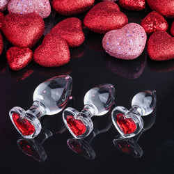 Adam & Eve RED HEART GEM GLASS PLUG SET - Clear Glass Butt Plugs - Set of 3 Sizes